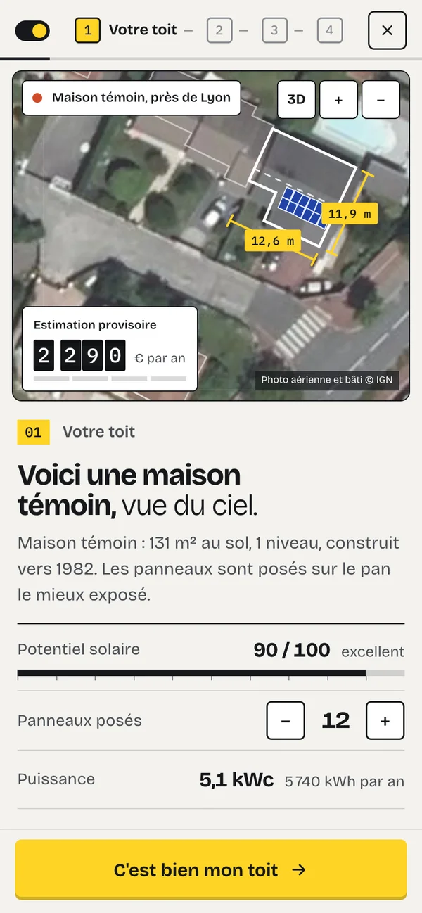 Écran du parcours : le toit repéré sur la photo aérienne, panneaux posés, longueur et largeur mesurées