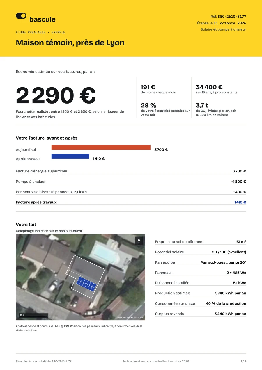 Première page d'une étude Bascule : économie annuelle, facture avant et après, photo du toit avec les panneaux